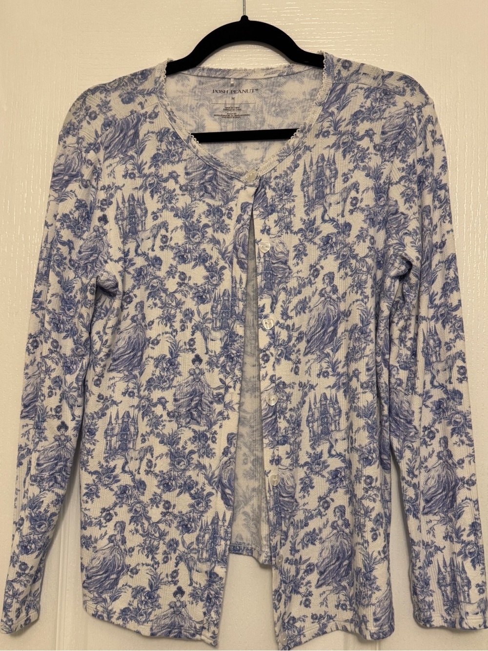 Posh Peanut Blue Toile Print Women's Cardigan Sweater